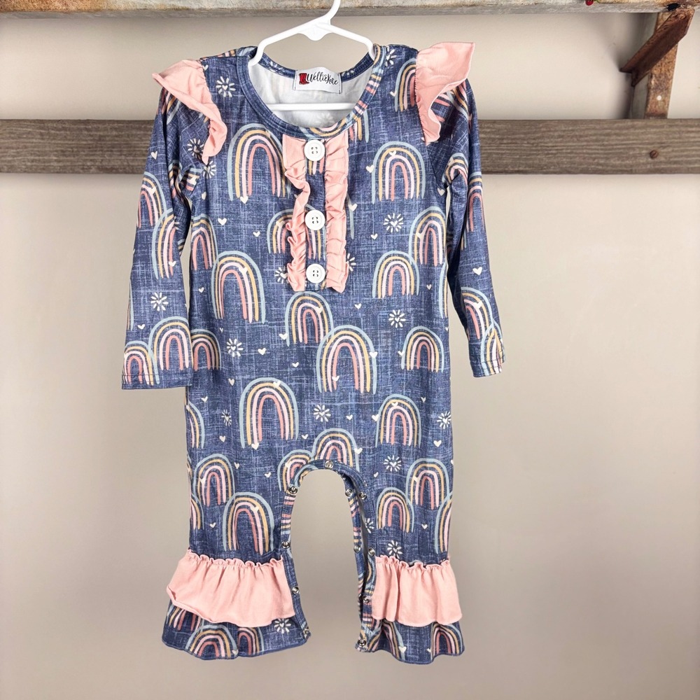 Wellie Kate Kids Girls Rainbow Long Sleeve Romper‎ Jumpsuit Ruffles Pink 6-12mm